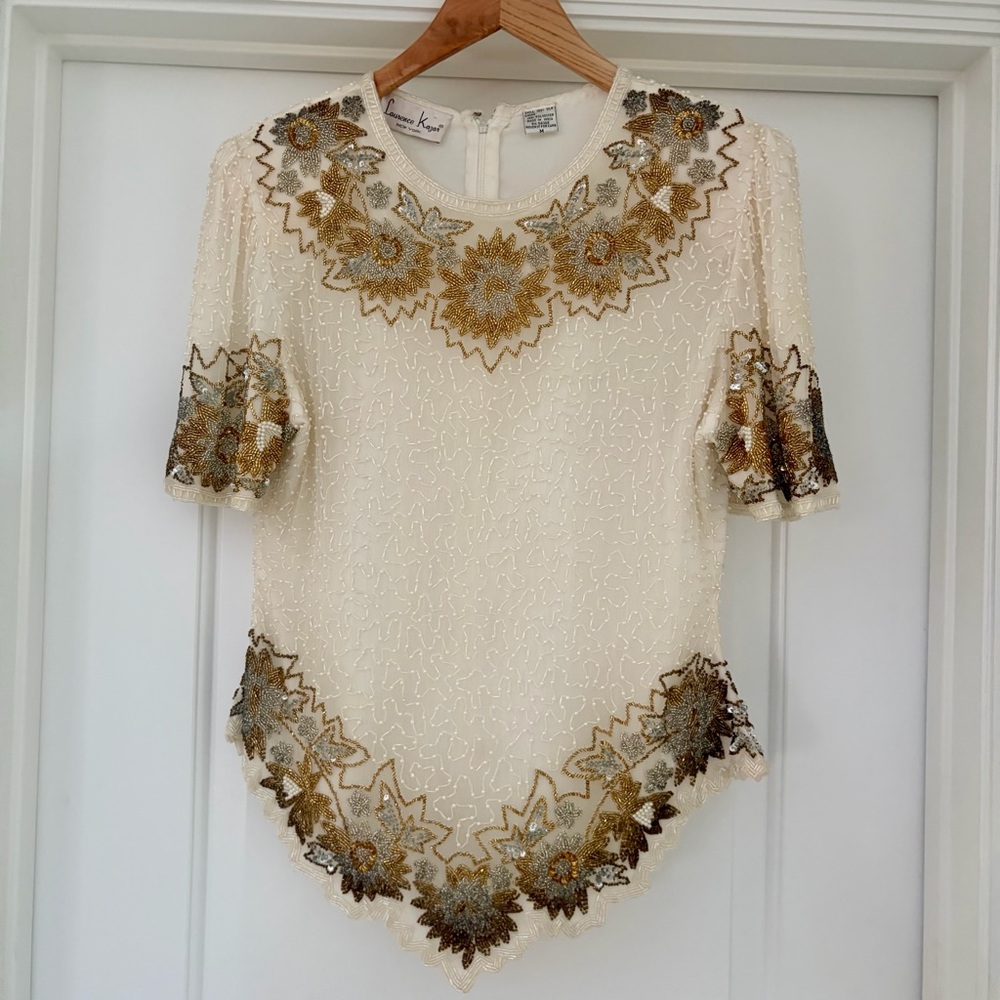 Vintage Laurence Kazar New York Cream Top with Gold and Silver Beading Size M